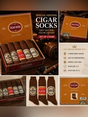 NEW Special Edition Cigar Socks Gift Box Set Men’s Novelty Lounge Socks